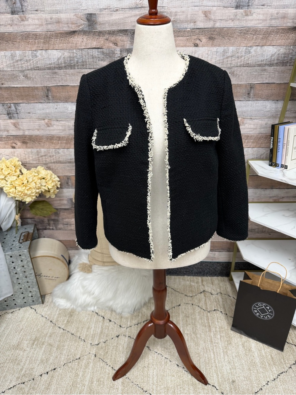 Talbots Black Tweed Amherst Fringe Jacket